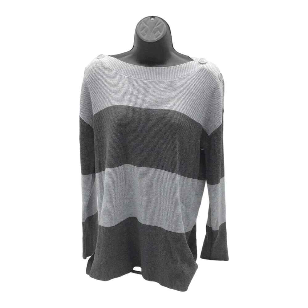 Vince Camuto Women’s Medium Gray Black Stripe Sweater Button Shoulder NWOT